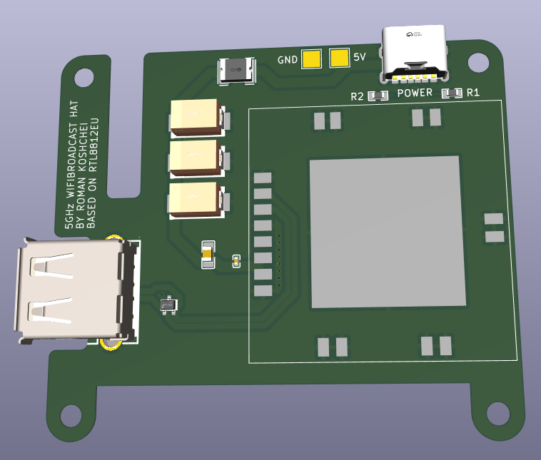 KiCad rendering of the 5GHz WiFi Broadcast HAT